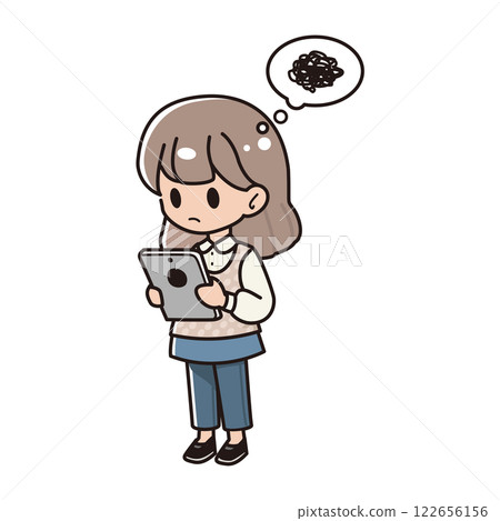 Confused girl looking at tablet device 122656156