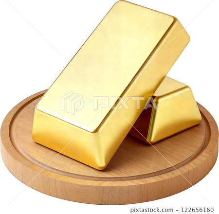 Two gold bars on a wooden pedestal 122656160