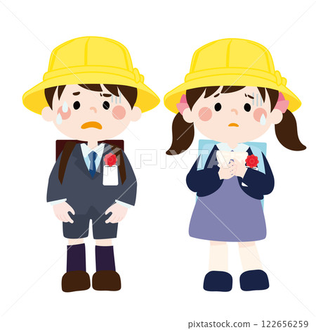 Vector illustration of new students (male and female) who have anxiety and worries before entering school Vector illustration of new students (male and female) who have anxiety and worries before entering school 122656259