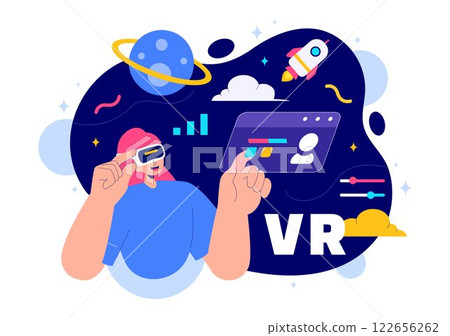 Metaverse Digital Virtual Reality Vector Illustration of a Person Wearing VR Glasses, Exploring Future Innovation and Communication in a Background 122656262