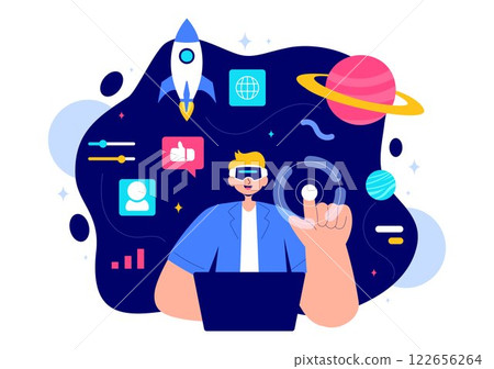 Metaverse Digital Virtual Reality Vector Illustration of a Person Wearing VR Glasses, Exploring Future Innovation and Communication in a Background Metaverse Digital Virtual Reality Vector Illustration of a Person Wearing VR Glasses, Exploring Future Innovation and Communication in a Background 122656264