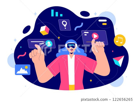Metaverse Digital Virtual Reality Vector Illustration of a Person Wearing VR Glasses, Exploring Future Innovation and Communication in a Background 122656265