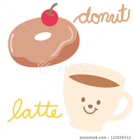 Chocolate glazed donut with cherry and a glass of hot coffee latte illustration for sweet dessert, bakery, pastry, snack, department store, cafe, restaurant, drink menu, recipe, baking book, brunch 122656312