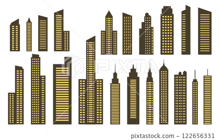 Golden Yellow Silhouette Elements Set of Skyscraper Tower Building in City Town 122656331