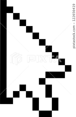 Black pixelated arrow cursor pointing diagonally upwards against a clean white background, symbolizing a classic element of computer interfaces and digital navigation 122656419
