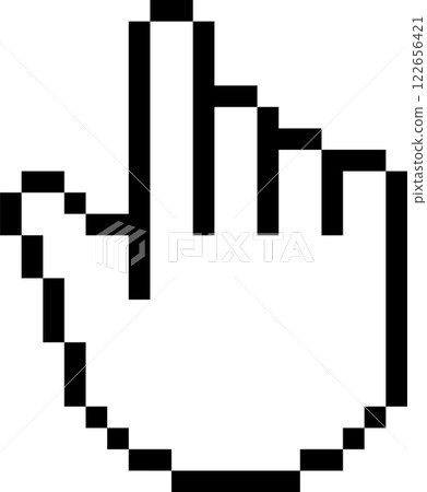 Black pixelated hand cursor is pointing with index finger on a white background, representing a simple action of selecting or choosing something in a digital environment 122656421