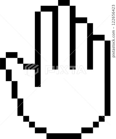 Black and white pixelated hand cursor pointing and clicking or selecting something on a computer screen, representing digital interaction and online activity Black and white pixelated hand cursor pointing and clicking or selecting something on a computer screen, representing digital interaction and online activity 122656423