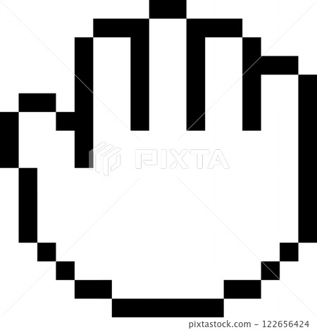 Black and white pixelated hand cursor is pointing and clicking, isolated on white background, representing simple digital interaction and selection 122656424