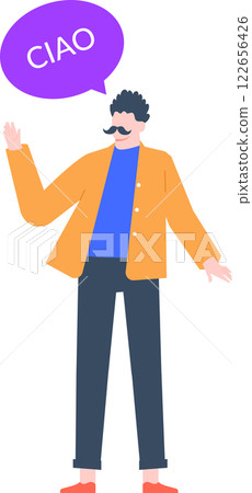 Young Italian man with a mustache waving cheerfully and saying hello, accompanied by a speech bubble displaying ciao, illustrated in full body on a clean white background Young Italian man with a mustache waving cheerfully and saying hello, accompanied by a speech bubble displaying ciao, illustrated in full body on a clean white background 122656426