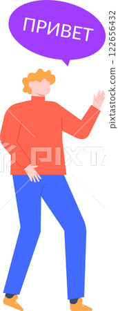 Young man greeting and waving, saying hello in russian with a purple speech bubble with the cyrillic word privet, isolated on white background Young man greeting and waving, saying hello in russian with a purple speech bubble with the cyrillic word privet, isolated on white background 122656432