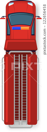 Illustration of a red combine harvester from a top down perspective, showcasing its detailed machinery and design. The vehicle is designed for efficient crop harvesting 122656458