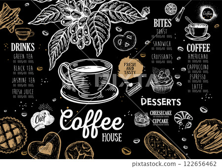 Coffee house menu. Restaurant cafe menu, template design. Food flyer. Coffee house menu. Restaurant cafe menu, template design. Food flyer. 122656462