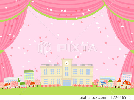 Spring School Theatre, illustration, background, cute, horizontal, cherry blossoms, pink Spring School Theatre, illustration, background, cute, horizontal, cherry blossoms, pink 122656563