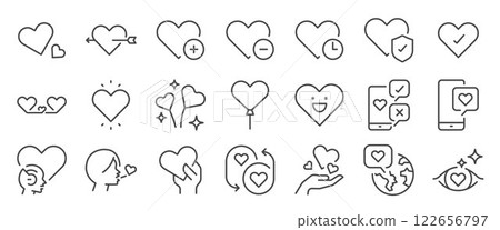 Heart icon set. It included contexts such as valentine, micro-mance, love, romance, relationship and more. Editable Vector Stroke. 122656797