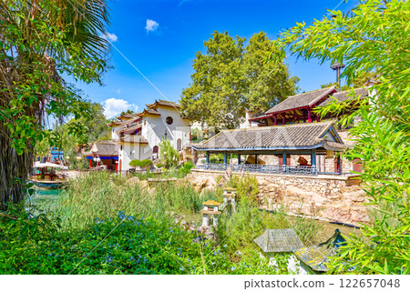 Beautiful landscape of humid tropical jungle amusement park. 122657048
