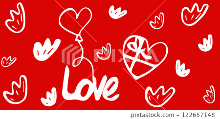 Happy Valentine Day Background with white flowers, balloon, gift, love. Red. Promotion and shopping template for love and valentine day concept. Happy Valentine Day Background with white flowers, balloon, gift, love. Red. Promotion and shopping template for love and valentine day concept. 122657148