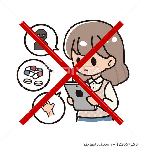 一個女孩在平板電腦上查看有害資訊和禁令標誌 122657158