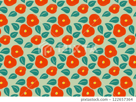 淺綠色背景上的紅色山茶花的復古無縫圖案 122657364