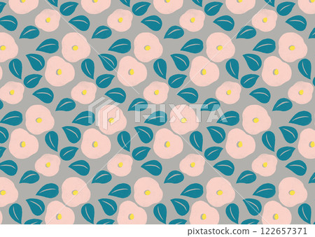 灰色背景上粉紅色山茶花的復古無縫圖案 122657371