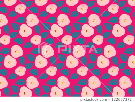 深紅色背景上粉紅色山茶花的復古無縫圖案 122657372