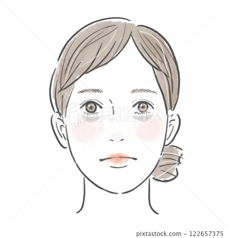 一個女人,頭髮綁成髮髻,眼睛下面有黑眼圈 一個女人,頭髮綁成髮髻,眼睛下面有黑眼圈 122657375