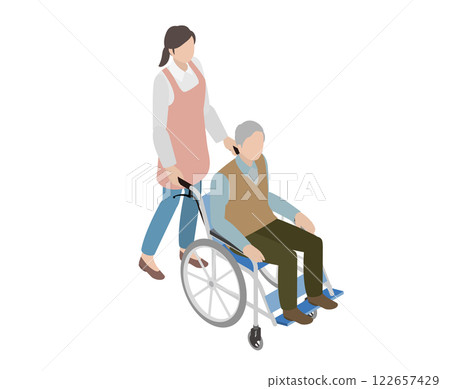 Isometric illustration of a senior sitting in a wheelchair and a care staff member Isometric illustration of a senior sitting in a wheelchair and a care staff member 122657429