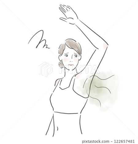 Woman troubled by armpit odor while wearing a bra tank top 122657481