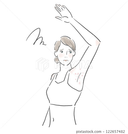 A woman troubled by bumps on her armpits while wearing a bra tank top 122657482