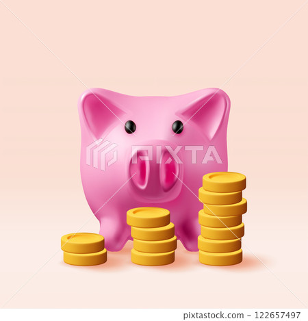 3D piggy bank and growing stacks of coins 3D piggy bank and growing stacks of coins 122657497