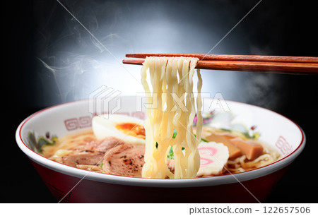 Hot ramen (soy sauce ramen) on black background 122657506