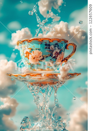 Blue porcelain teacup with floral motifs spills water into sky, symbolizing dreamlike elegance. Soft clouds surround, golden accents enhance vintage charm, surreal beauty concept. 122657609