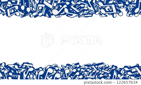Empty sheet of horizontal banner with notes, musical keys signs and symbols piled up in heap. Musical notes folded into border lines at top and bottom. Vector banner for advertising of music party 122657634