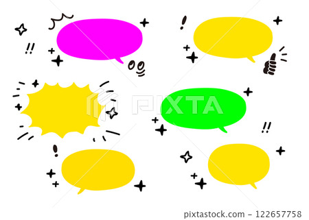 一組帶有複製空間的語音泡泡。螢光。流行音樂。樂趣。塗鴉。手寫。有趣的文字。向量 122657758