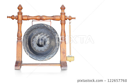 front view Antique Burmese Bronze Temple Gong with Mallet Mounted on Turned Wooden Stand on white background, object, buddha, thai, object, copy space 122657768
