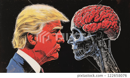 A stylized illustration of a human leader facing a robotic AI with an exposed brain, symbolizing the clash between human governance and artificial intelligence in politics, power, and technology. 122658076