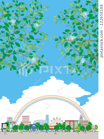 城市景觀的插圖與新鮮的綠色植物的人們在城鎮中行走的插圖。 122658108