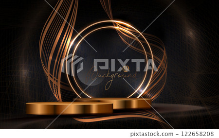 Composition with golden round frame and shiny podium, with small mesh pattern 122658208