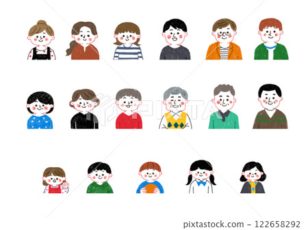 一組用色鉛筆繪製的各種人物上半身插圖 一組用色鉛筆繪製的各種人物上半身插圖 122658292