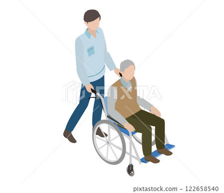 Isometric illustration of a senior sitting in a wheelchair and a care staff member Isometric illustration of a senior sitting in a wheelchair and a care staff member 122658540