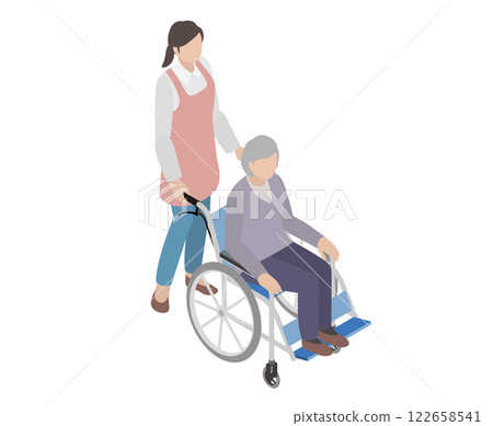Isometric illustration of a senior sitting in a wheelchair and a care staff member Isometric illustration of a senior sitting in a wheelchair and a care staff member 122658541
