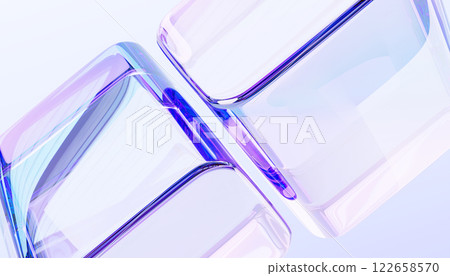 Abstract 3d glass macro background with crystal cubes or blocks and rainbow light prism effect. Transparent clear square boxes with iridescent holographic gradient, render tech banner. 3D illustration 122658570