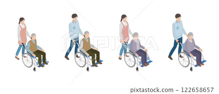 Isometric illustration set of a senior sitting in a wheelchair and care staff 122658657