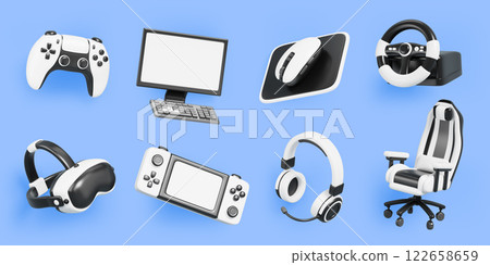 3d set of video game devices cartoon render icon. VR glasses, joystick, portable console, headphones, steering wheel, computer, keyboard, mouse, chair. Isolated electronic gadgets. 3D illustration 3d set of video game devices cartoon render icon. VR glasses, joystick, portable console, headphones, steering wheel, computer, keyboard, mouse, chair. Isolated electronic gadgets. 3D illustration 122658659
