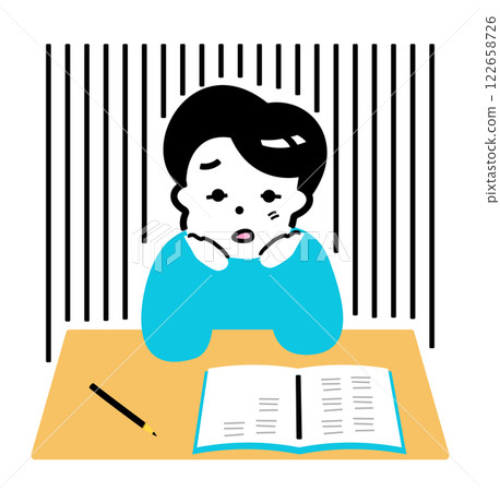 A worried boy who is lethargic and tired: A child or young person who is tired from studying for exams or doing homework has a depressed expression and is resting his chin on his hand illustration 122658726