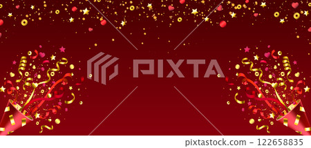 Party popper explosion with red, golden confetti 122658835