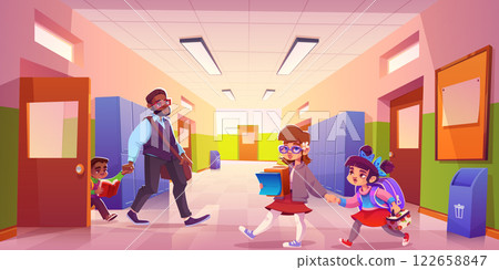 School hallway scene with walking children 122658847