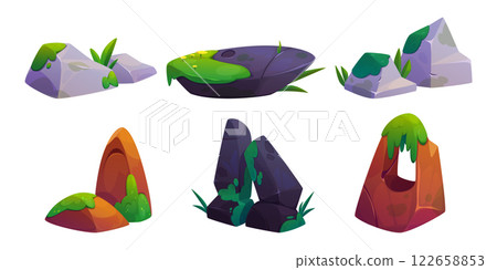 Moss stones set isolated on white background Moss stones set isolated on white background 122658853