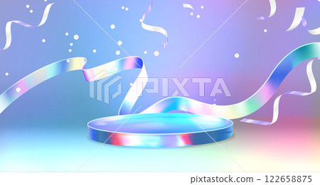 Holographic 3D podium with confetti ribbons Holographic 3D podium with confetti ribbons 122658875