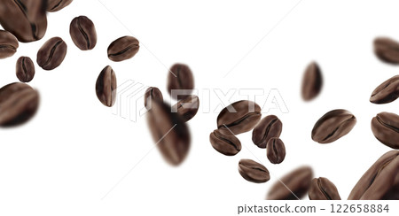 Flying roasted coffee beans on white 122658884