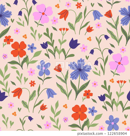 Summer floral seamless pattern with colorful meadow flowers. Vector graphics. Summer floral seamless pattern with colorful meadow flowers. Vector graphics. 122658904